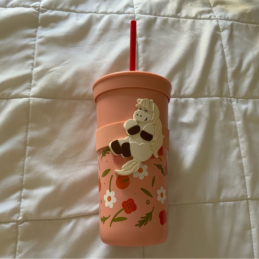 Starbucks Peach Tumbler with Red Straw and Floral Accents